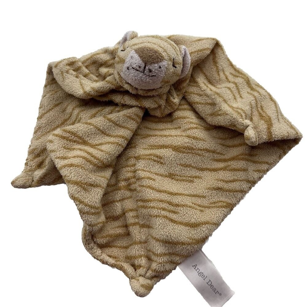 Angel Dear Lovey Baby Security Blanket Plush Beige Tan Tiger Embroidered Face